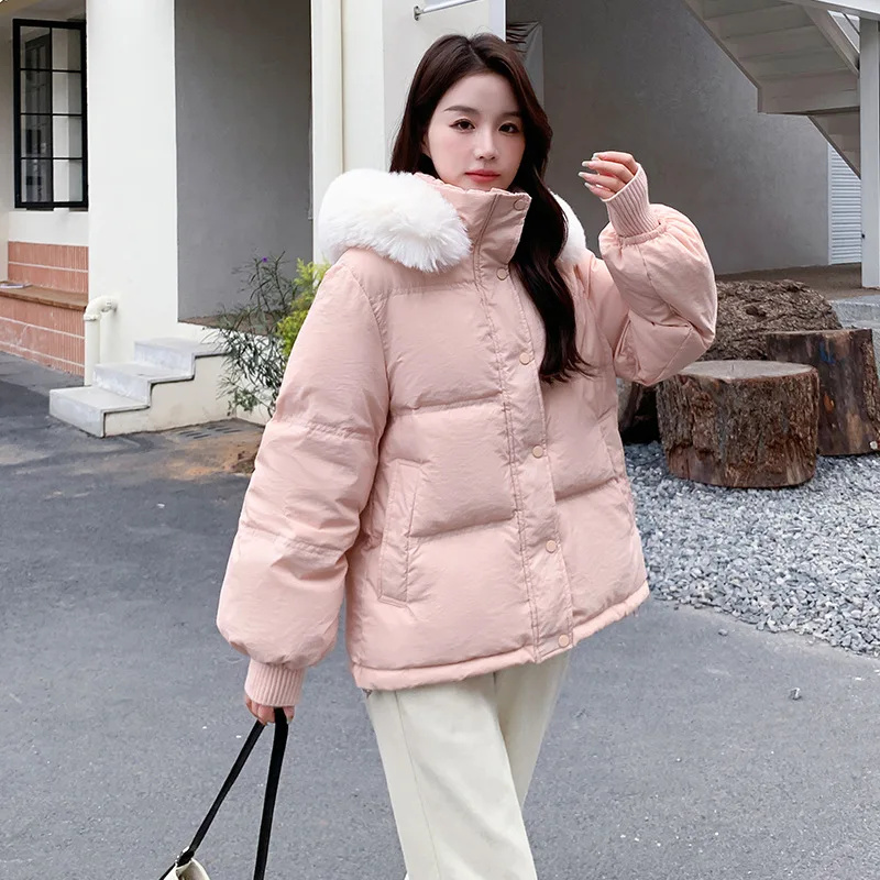 2023 New Winter Women Large Fur Collar Hooded Solid Down Cotton Coat Winter Loose Women Short Clothes Jacket Parkas Outwear