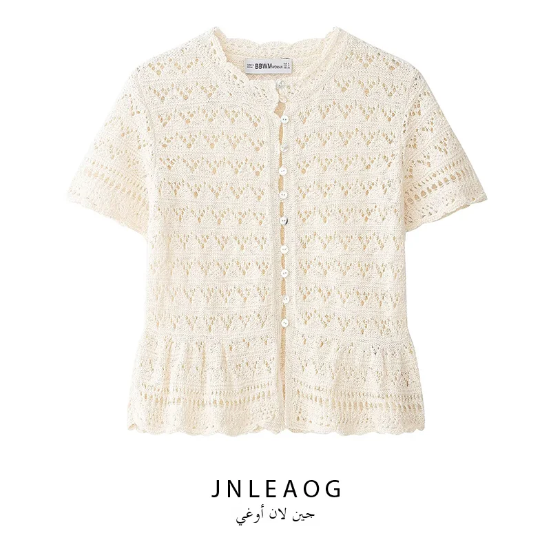 JNLEAOG Spring New Women's Fashionable Hollow out Short Sleeve Knitted Jacket Polyester Fiber Open Cardigan Style Ladies' Wear