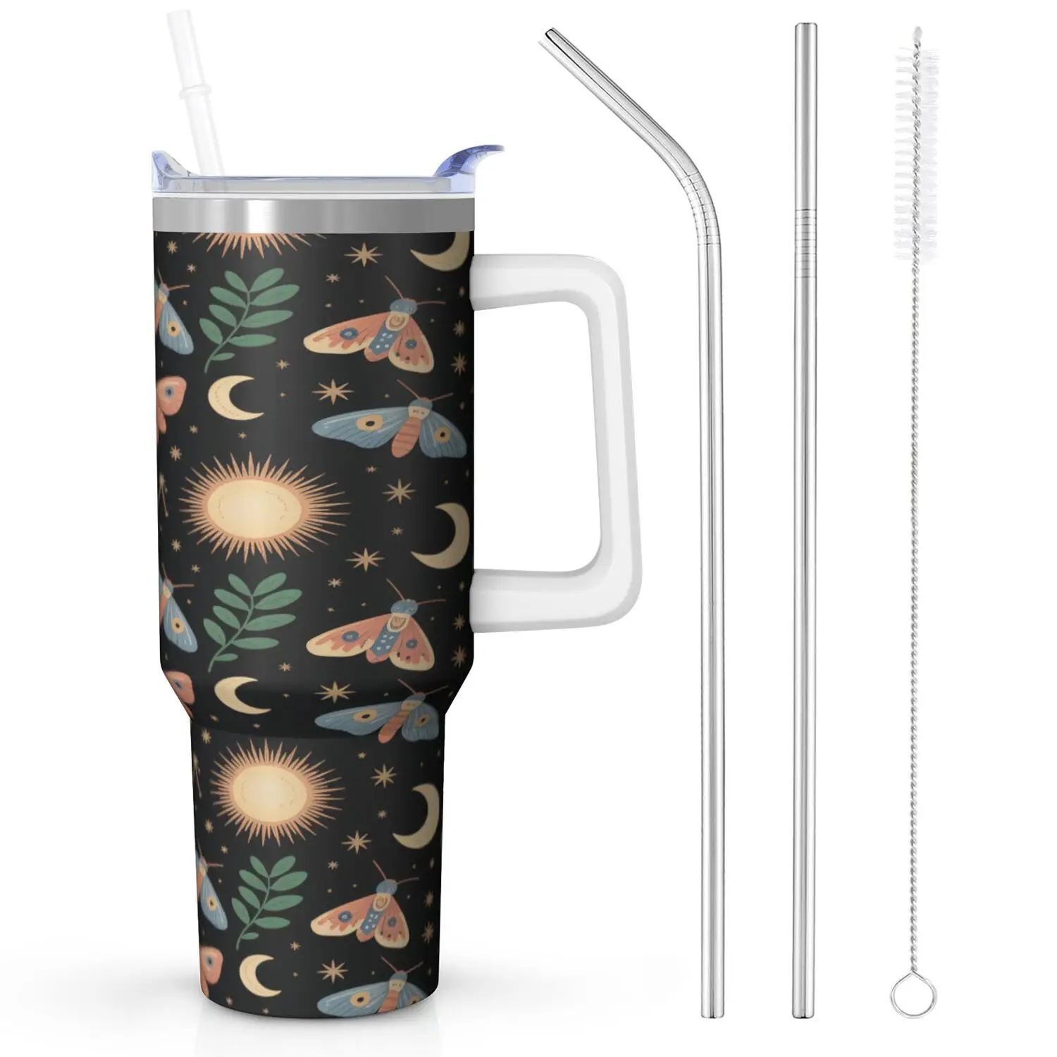 1ps Butterfly Handle Cup Set with Straw, Maximum Capacity 40oz, Inner Layer 304 Stainless Steel, Outer Layer 201 Stainless Steel, Seamless Inner Liner, Lid Made of PC Material, Suitable for Home, Office, Outdoor, Sports, and Car Use
