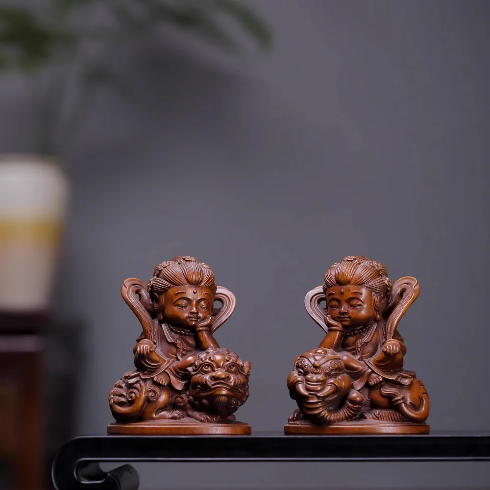 

Antique Style Boxwood Hand Carved Wooden Q-Version Manjushri Samantabhadra Bodhisattva Figurine Set (2pcs) - Guardian Deity