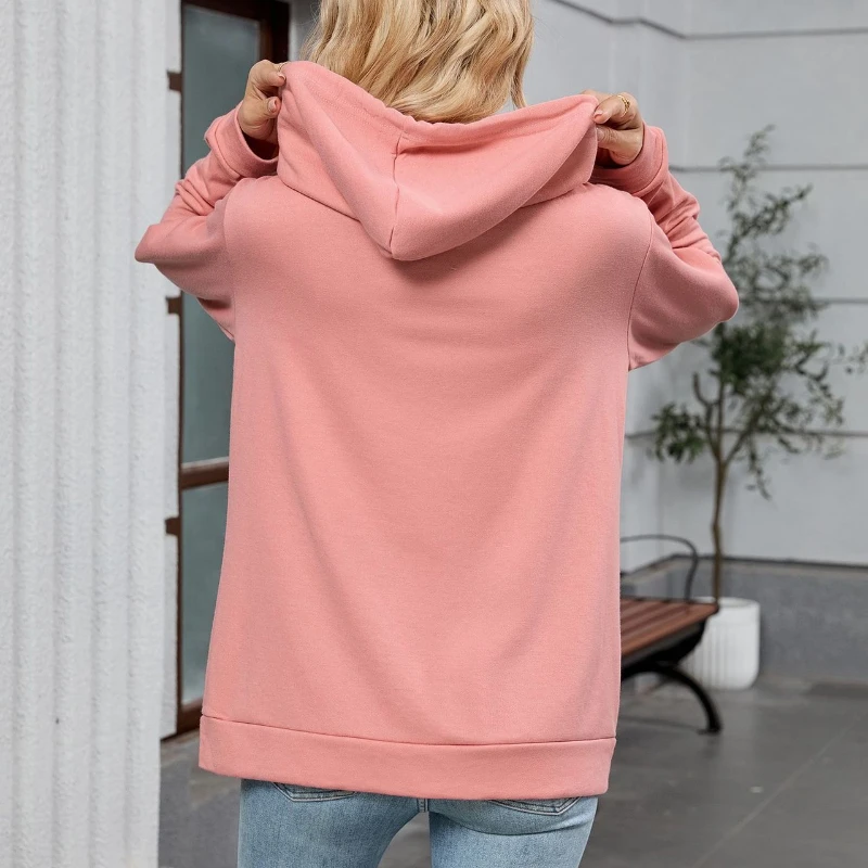 Women Casual Hoodie Fashion Solid Color Drawstring Sweatshirt Simple Classic Zipper Long Sleeve Autumn Jacket Student Sport Coat