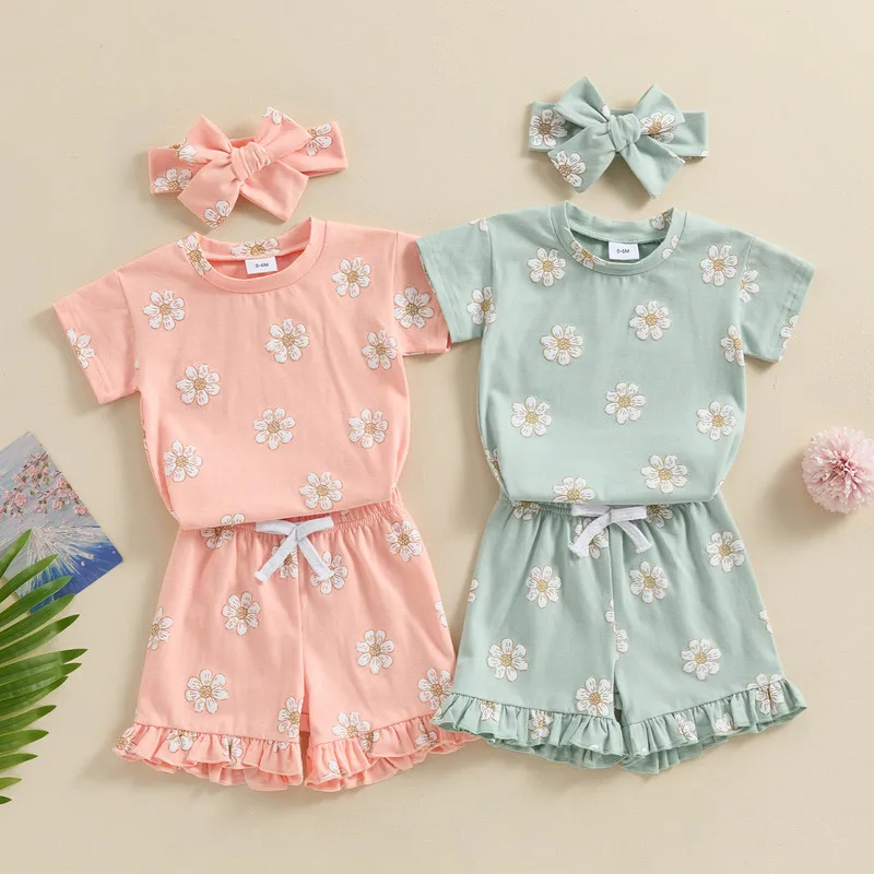 

Toddler Girl Summer Outfit Floral Print Short Sleeves Tops with Elastic Waist Ruffled Shorts and Headband 3 Pcs Clothes