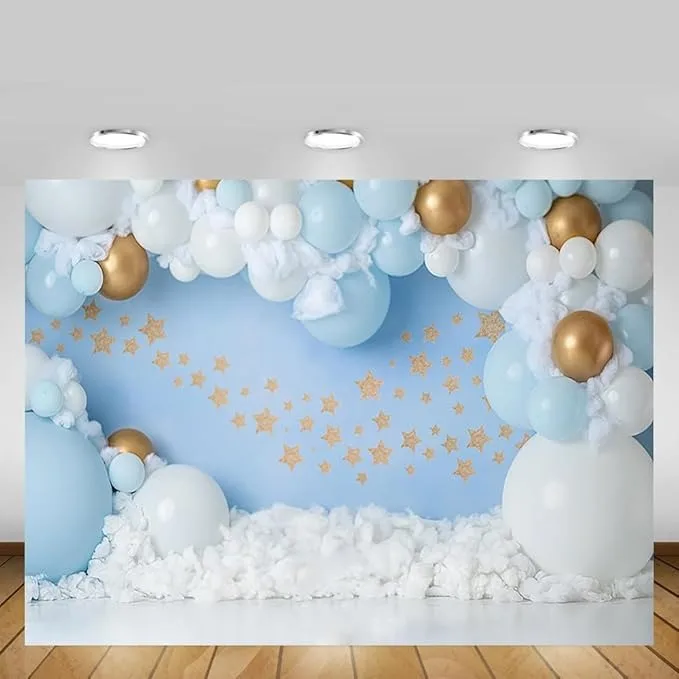 AIBIIN-Décors de joyeux anniversaire pour la photographie, nuages blancs, ballons dorés, étoiles, bannière de fête pour enfants, décoration de fond,