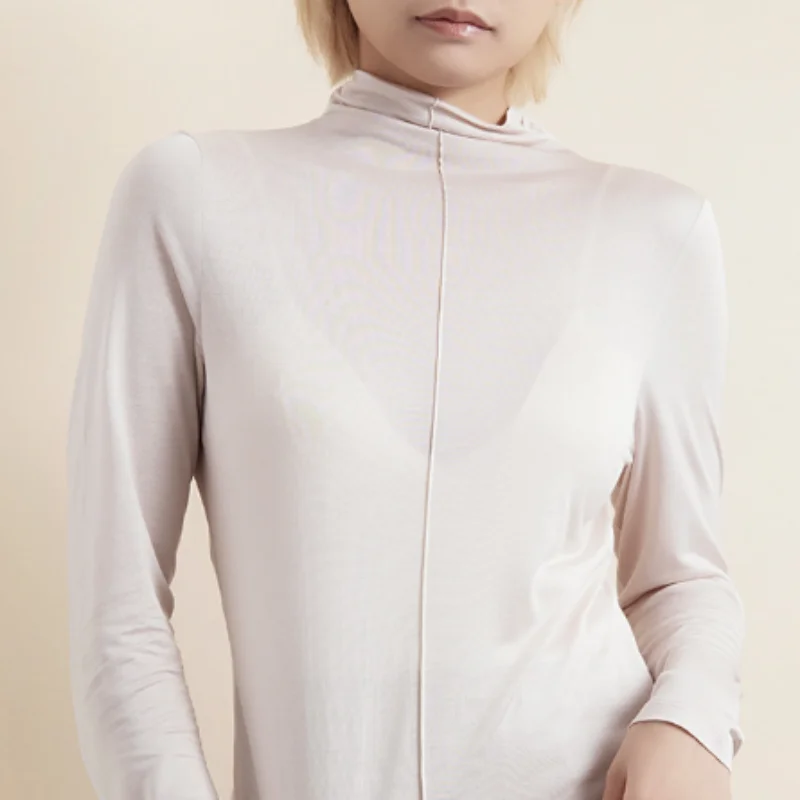 Birdtree,100% Real Silk Women Knitted Pullovers,Solid Mock Neck Slim Full Sleeve Undershirt,2025 New Bottoming Tops T5D712JF
