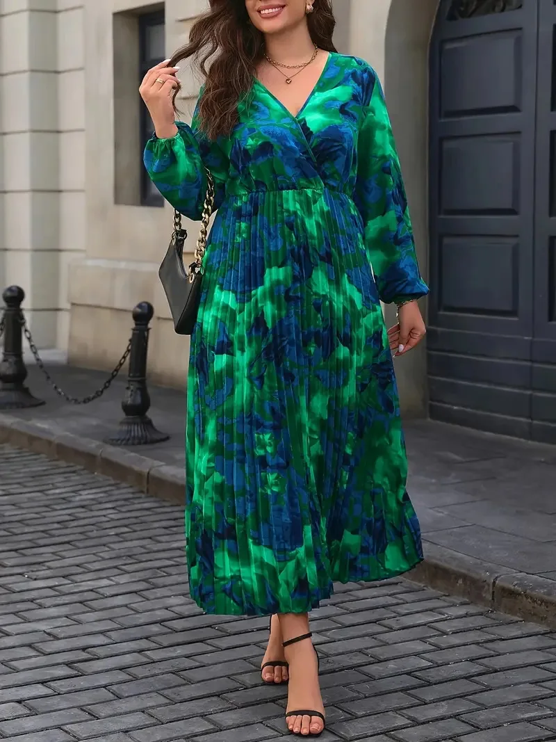 GIBSIE Plus Size Tie Dye Print V-neck Lantern Sleeve Pleated Dress Women 2024 Autumn New High Waist A-line Casual Long Dresses