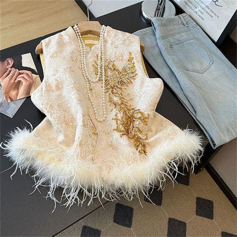 Women's Jackets Women's Vests Exquisite Ostrich fur Vest in Spring and Autumn Luxurious and High-grade Elegant Padded Vest Coat