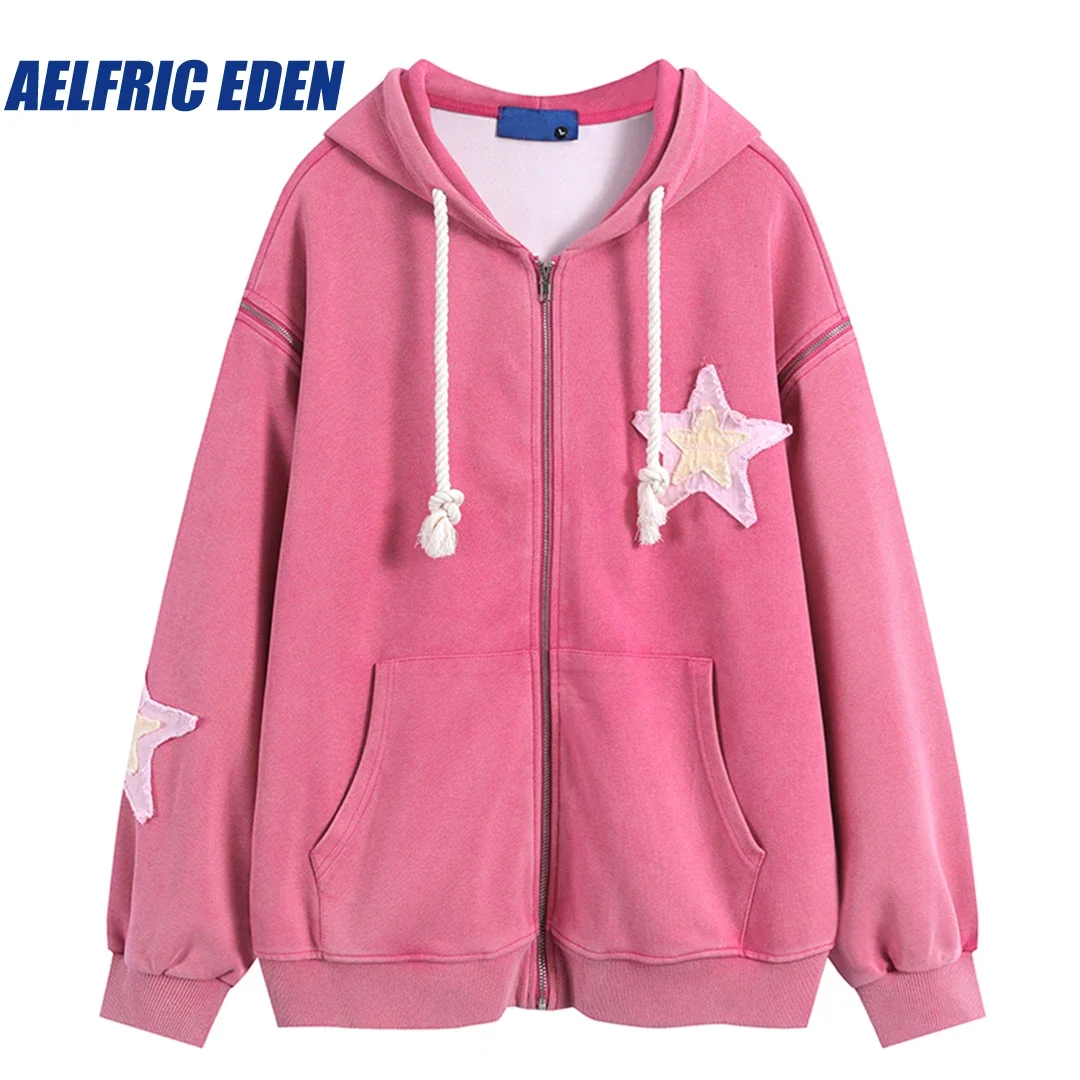 

Aelfric Eden Knitting Embroidery Star Zip-up Hoodie Sweatshirt Y2K Hip Hop Loose Cotton Removable Hooded Streetwear Harajuku Top