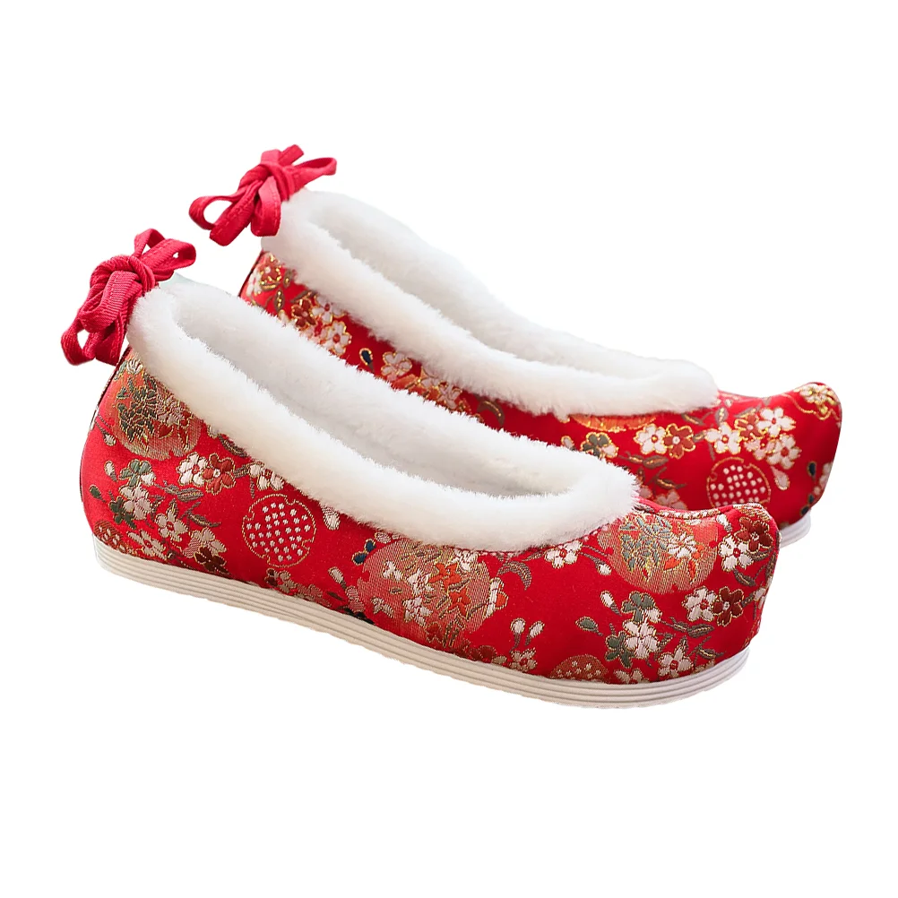 Pomegranate Flower Flats Embroidered Shoes Ancient Bridal Girl Outfits Wedge Cloth Plush Hidden Miss