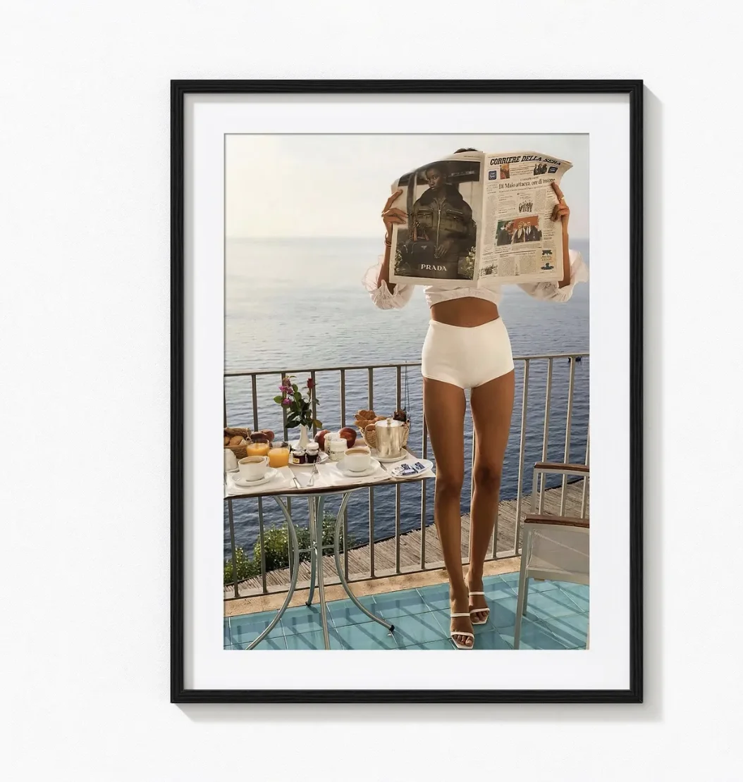 Med Balcony Lady Seascape Print, Coastal Breakfast Wall Art Printing, Decor for Living Room, Bedroom, Hallway, Bathroom