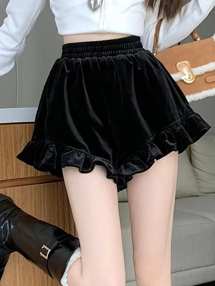 

Black Shorts for Women 2024 New Bottoms Elastic Waist Loose Ruffles Wide Leg Pants Vintage Shorts Pantalones Cortos De Mujer