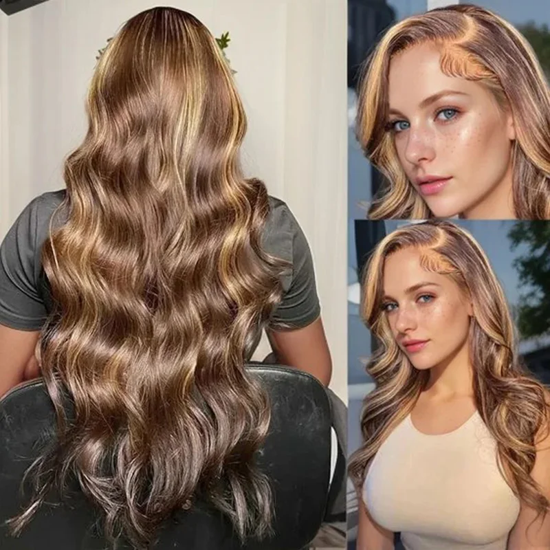 Perruque Body Wave Brésilienne Naturelle, Cheveux Humains, 13x6 HD, à Reflets Colorés, Pré-Épilés, à Franges, Ultraviolets, Bon Marché, en Liquimanquer, pour Femme