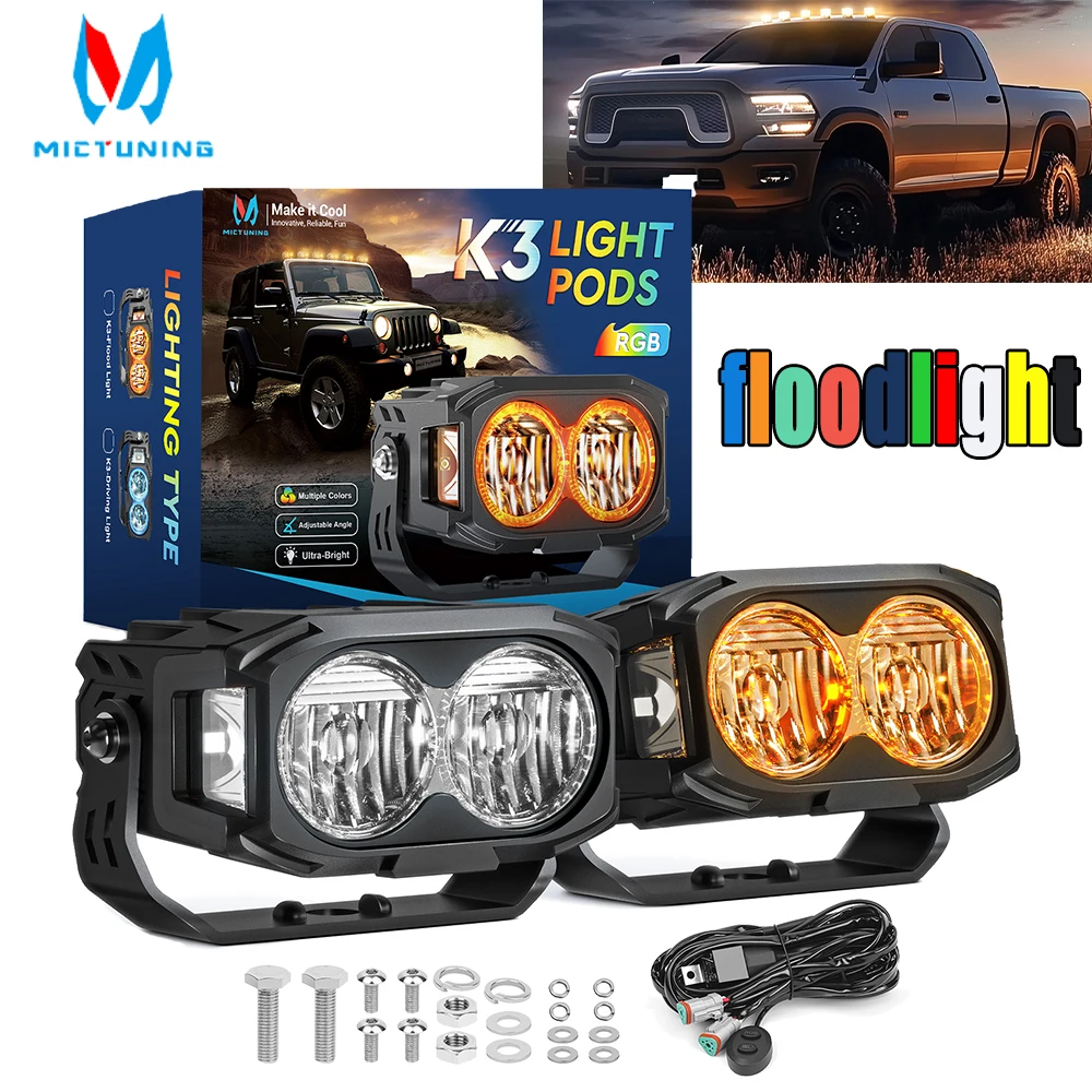 MICTUNING 4 Inch K3 LED Light Pods 2PCS RGB Colors Flood Beam White Fog Lamp Floodlight work light with Wiring Harness & Switch