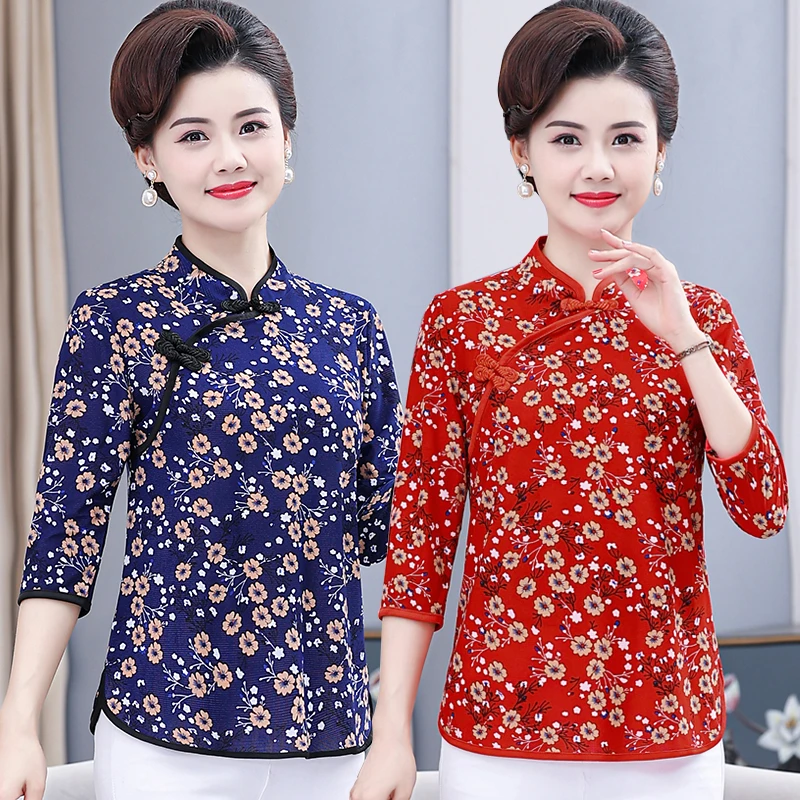 Women Blouse Traditional Vintage Chinese printed cheongsam collar Shirt Spring and summer three-quarter sleeve Tops