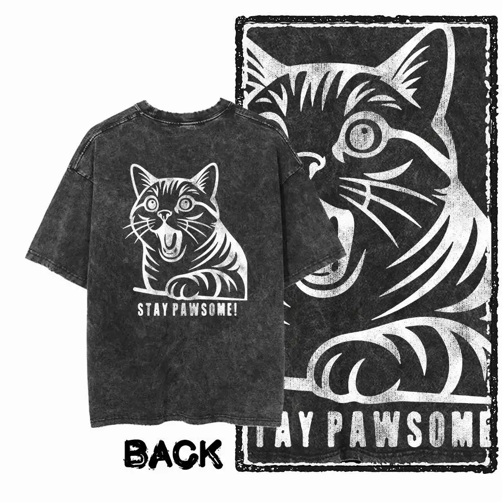 G52 Back Print Cool Vintage Cotton Men's Cat Printed Graphic T-shirt | Acid Washed Streetwear Big Size O-neck Men's Tee Tshirt