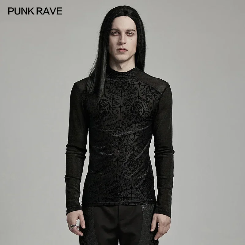 

PUNK RAVE Men's Gothic Gorgeous Flocking Patterns Long Sleeved T-shirt Exquisite Lace Details Black Tees Tops Streetwear