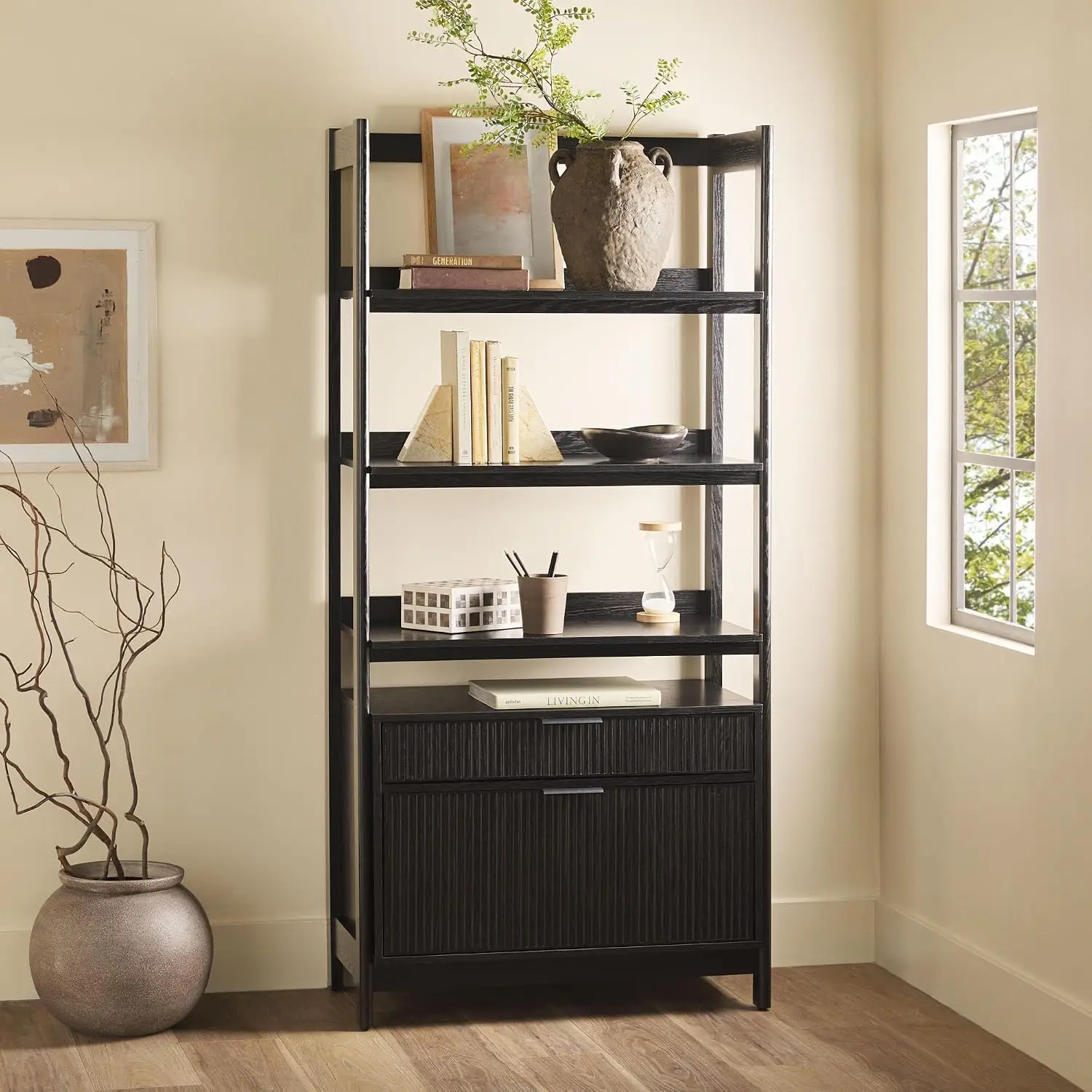 Open Reeded 4-Shelf Bookcase with Bottom Drawers for Home Office & Living Room, 33
