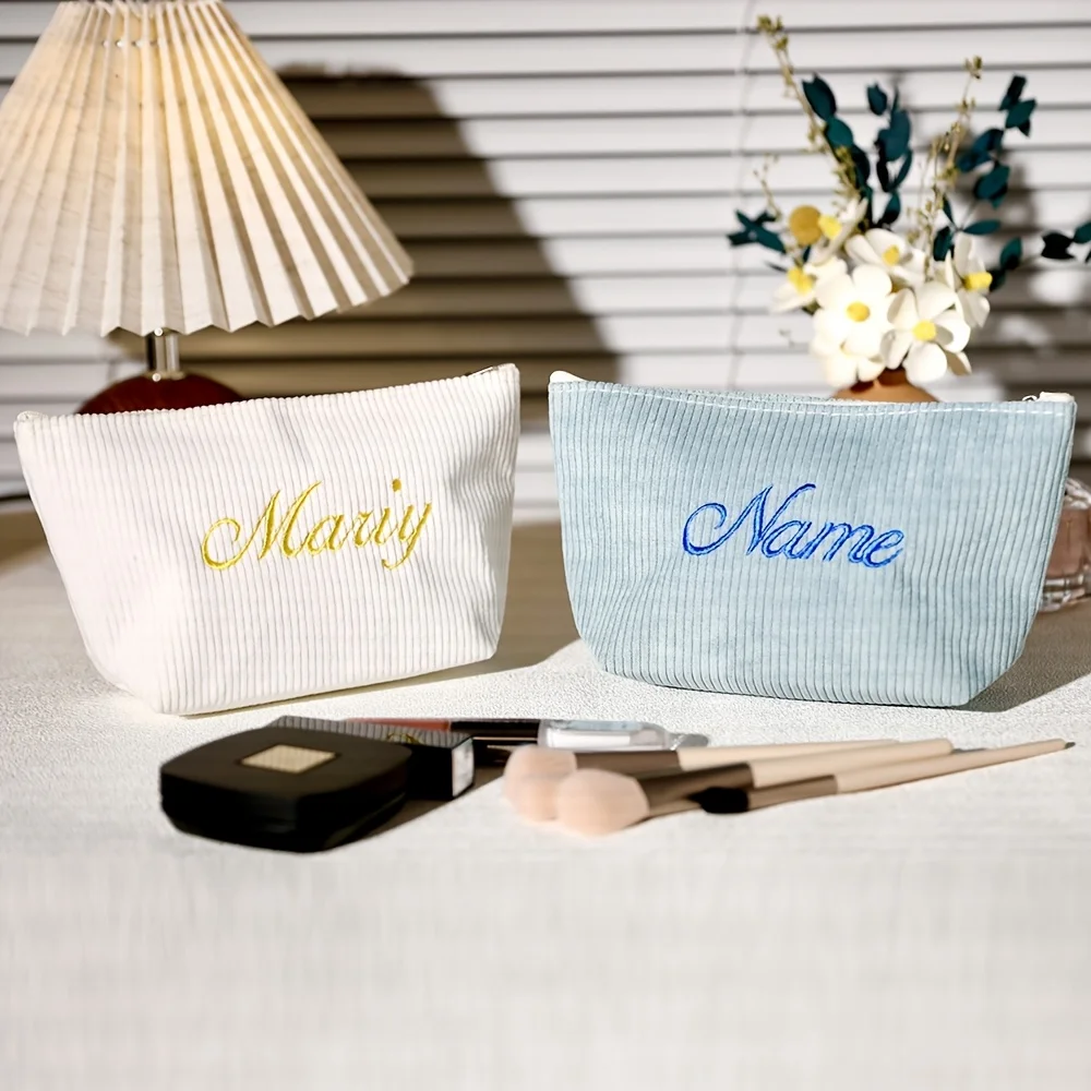 Corduroy Toiletry Bag with Customizable Name, Personalized Travel Makeup Pouch, Durable Zipper Closure, Large-capacity Stylish