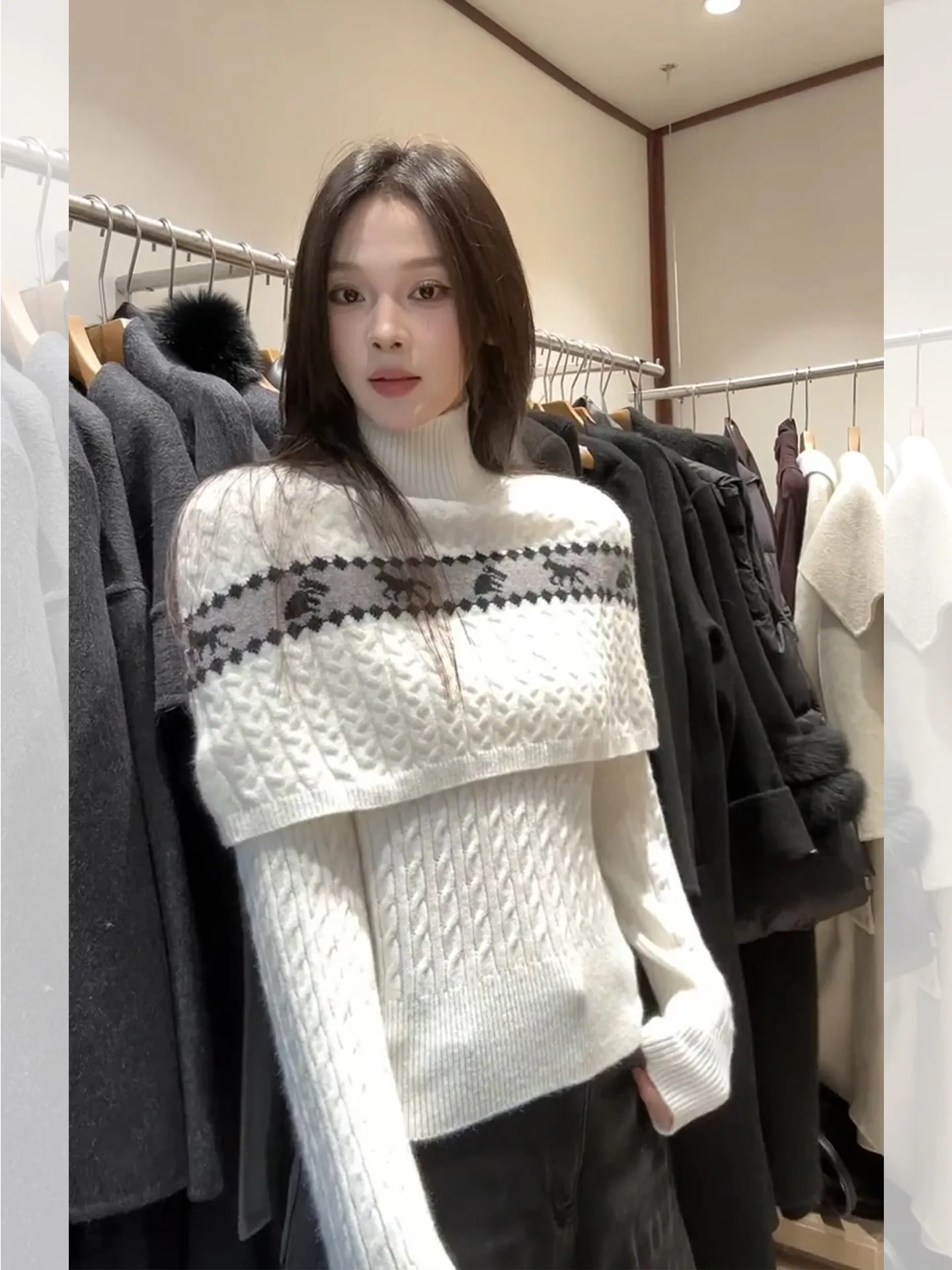 

Retro Fair Isle Knitted awl And Top Set Women's Luxury Autumn Winter Inner Wear Base irt Floral Embroidery Casual Sle