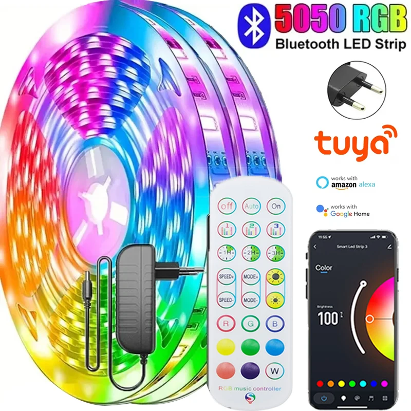 Led Lights For Room Smart Bluetooth Wi-Fi APP Control 5050 RGB LED Strip 12V Adhesive Back Lighting For Home Decorations
