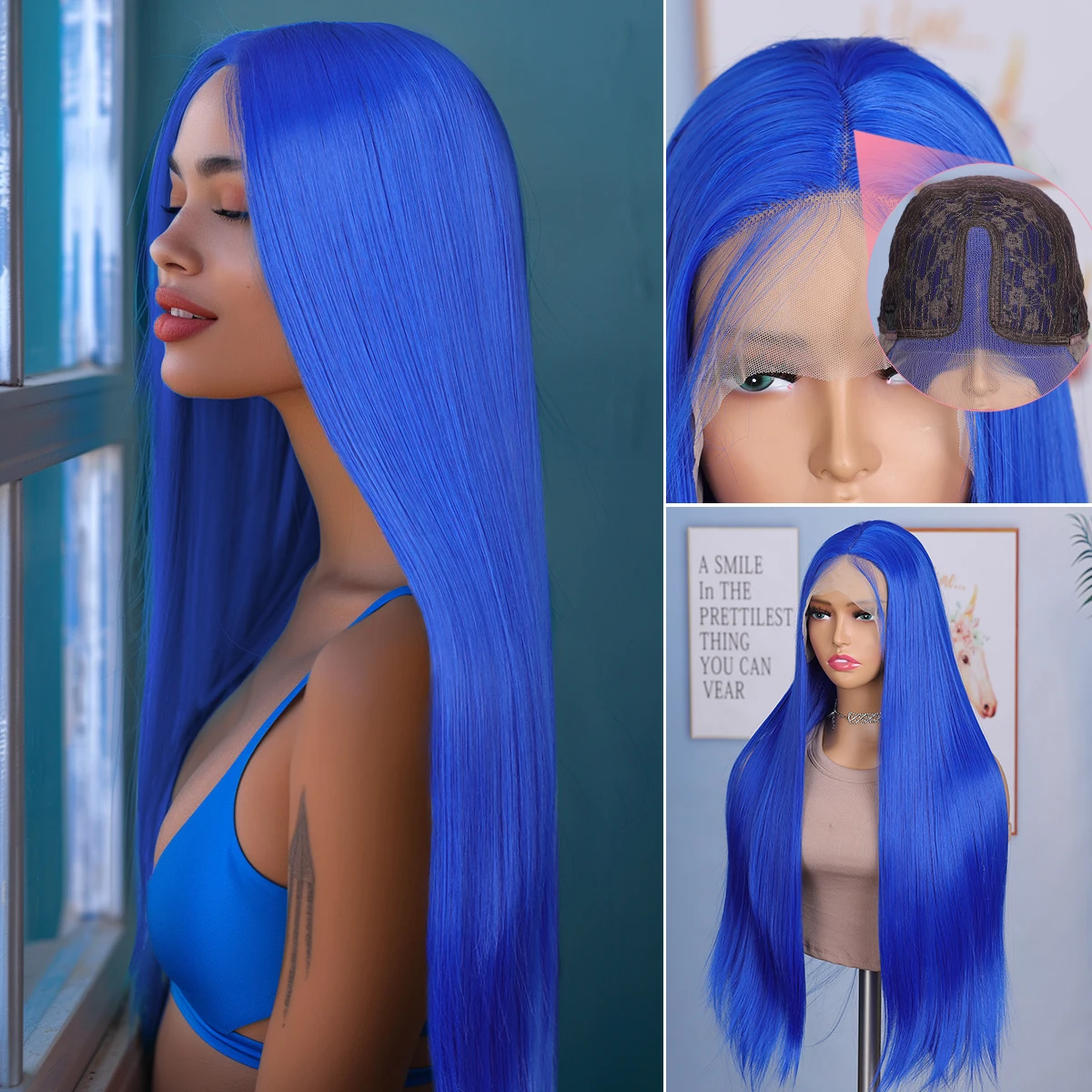 

Синий цветной прозрачный кружевной передний синтетический парик для чернокожих женщин Косплей ежедневное искусственное мягкое тело прямой без клея