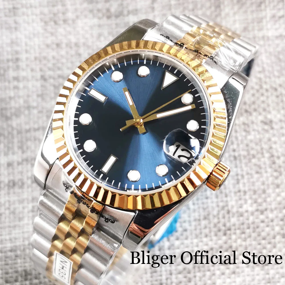 BLIGER 36mm/39mm Fluted Bezel NH35A MIYOTA PT5000 Mechanical Men Watch Two Tone Gold Steel  Strap Sunburst Blue Dial