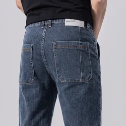 2023 New Spring Autumn Men's Jeans Vintage Blue Solid Color Elastic Classic Jeans Men Slim Fashion Denim Trousers Male 28-38