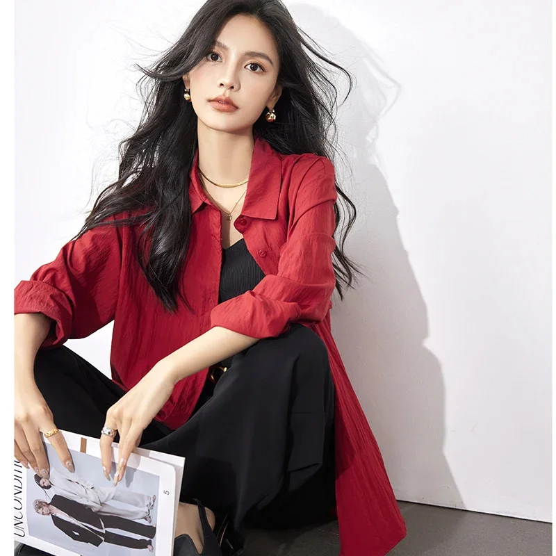 

Classic Lapel Collar Red Long Blouse for Women 2025 Spring and Autumn Female Long-sleeved Single-breasted Loose Casual Top