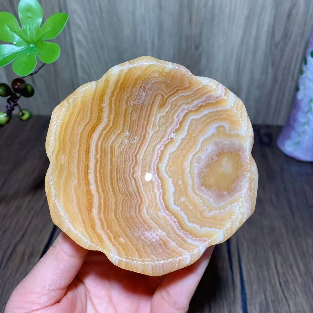 

Natural Orange Yellow Calcite Stone with Banding Hand Carved Flower Shape Bowls Healing Crystal Reiki Home Decor Ornaments Gift