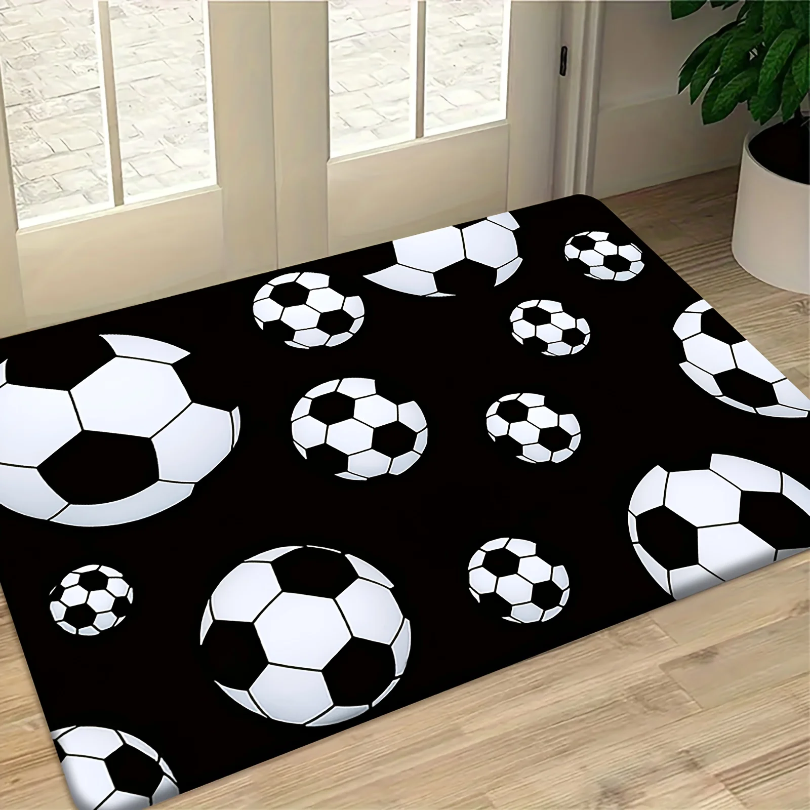 Scattered Soccer Balls Black Background Flannel Floor Mat, Sporty Kids Theme Anti-Slip Absorbent Rug for Bedroom & Game Room,