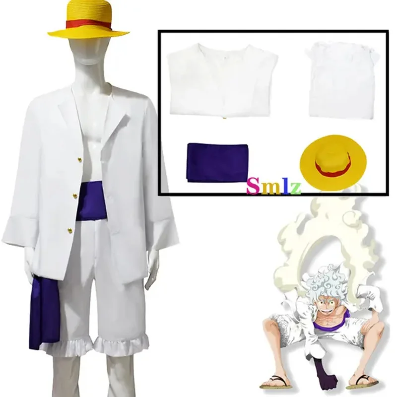 Disfraz de anime de Luffy para adultos y niños, conjunto completo de camisa blanca, pantalones, pelucas de banda, blanco, gear 5