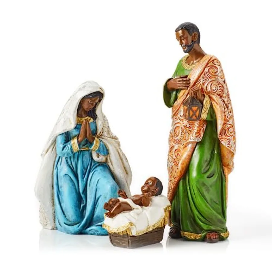 Juego de Natividad Negro - Figuras en Miniatura de la Sagrada Familia para Mesa - Juego de 3 Figuras de Poliresina Pintadas a Mano - María, José