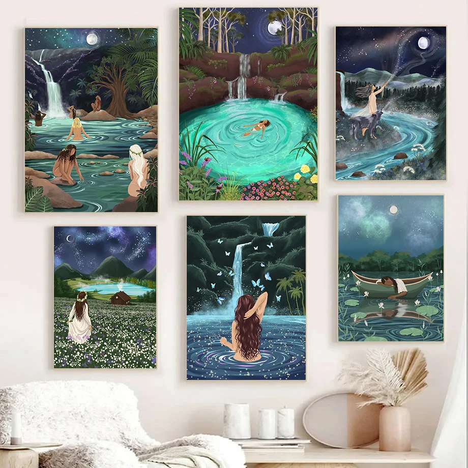 Magic Forest Nature Spirit Moon Fairy Bathing Dance Abstract Retro Poster Canvas Paintings Wall Art Pictures Home Decor