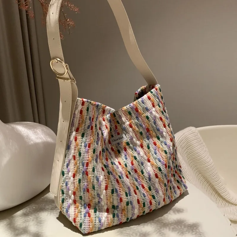 2024 New Symphony Glass Tote Bag Summer Rainbow Commuter Knitted One-shoulder Cross-body Women's Bag Canvas Contrast Color Bag