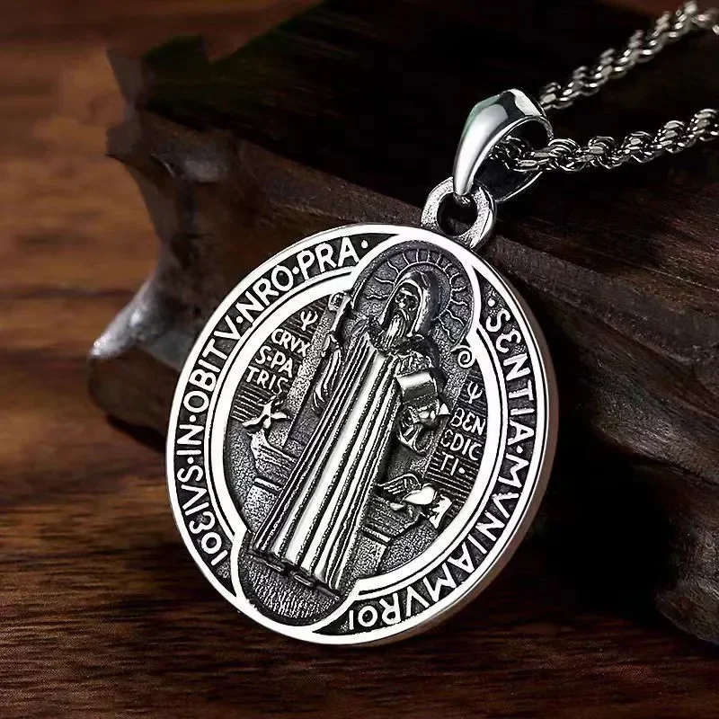 Catholic Exorcist Saint Benedict Cross Round Pendant Necklace Retro Religious Amulet Jewelry Men Women