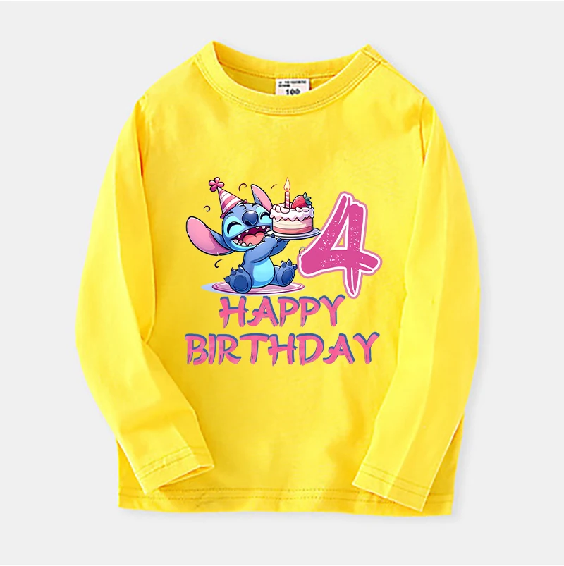 T-shirt à manches longues à col rond Disney pour filles, vêtements d'anniversaire, dessin animé mignon, point, numéro, tie aught, anime Kawaii, t-shirts en coton