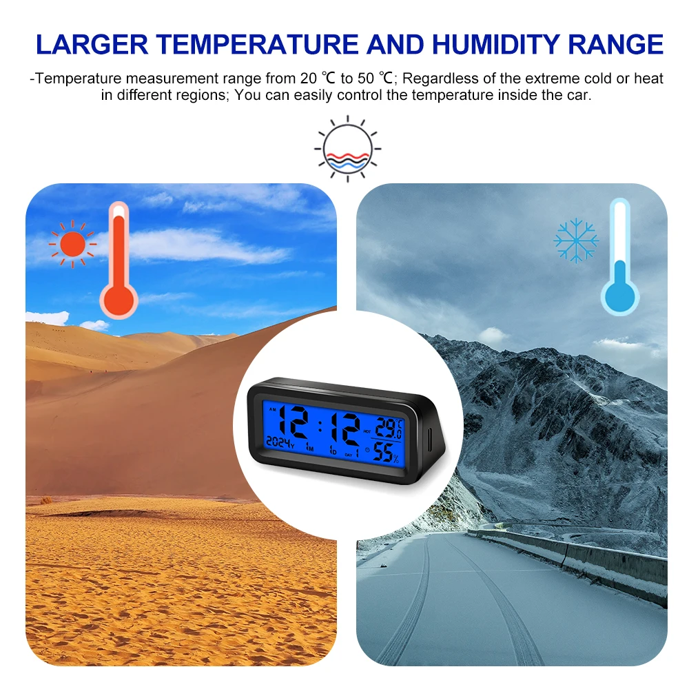 Solar Car Clocks Automotive Electronic Led Digital Clock Thermometer Hygrometer DisplayTime with Back Luminous Car Accessories