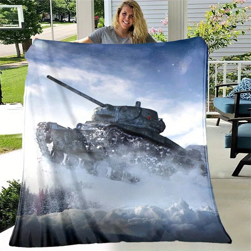 Realistic Combat Tank Snowy Wild Winter Landscape Pattern Flannel Fleece Blanket Warm Plush Bed Throw for Living Room