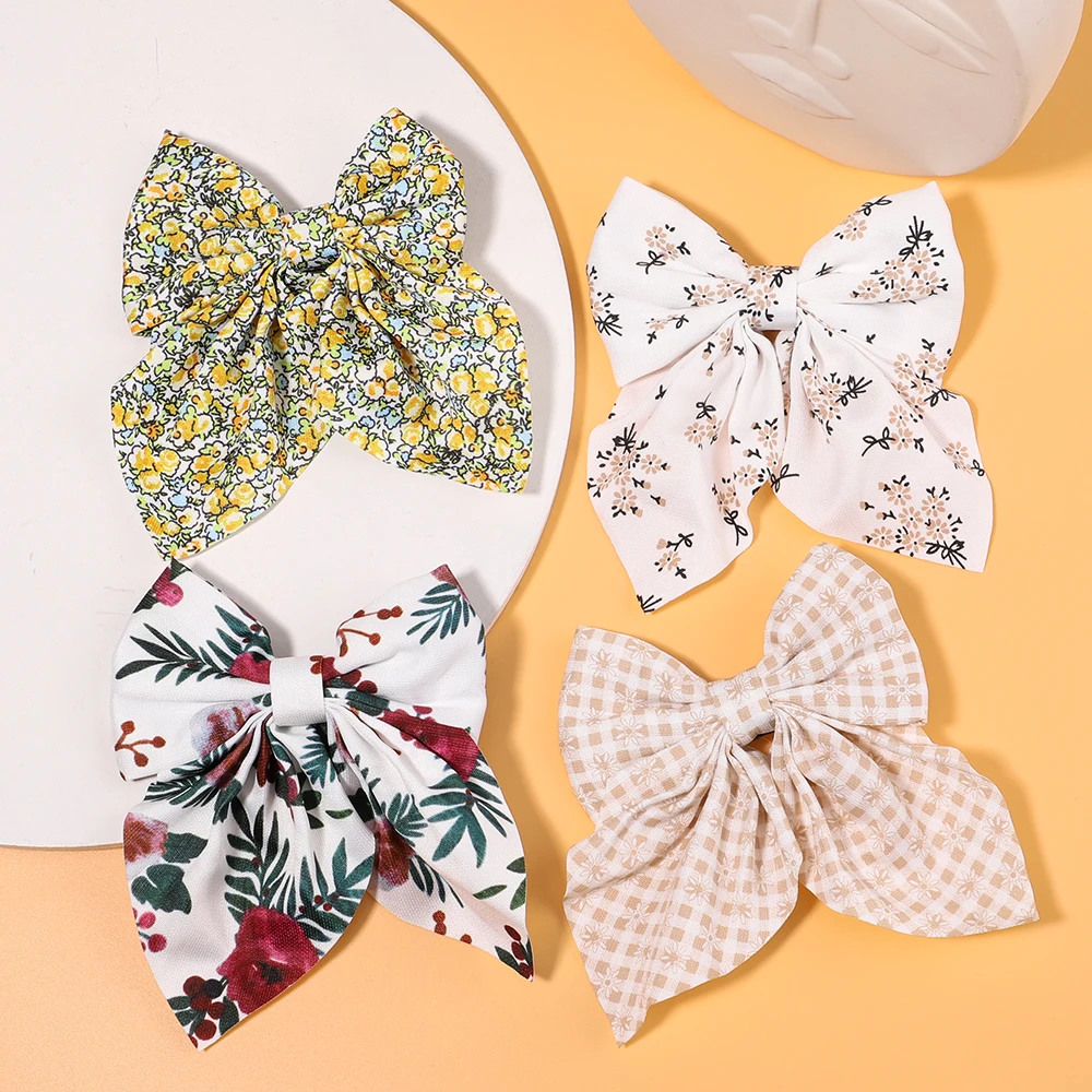 5 Inches Flower Bows Clip Printed Cotton Linen Boutique Women Hairpins Girls Children Plaid Hair Clip Barrettes Hair Accessories