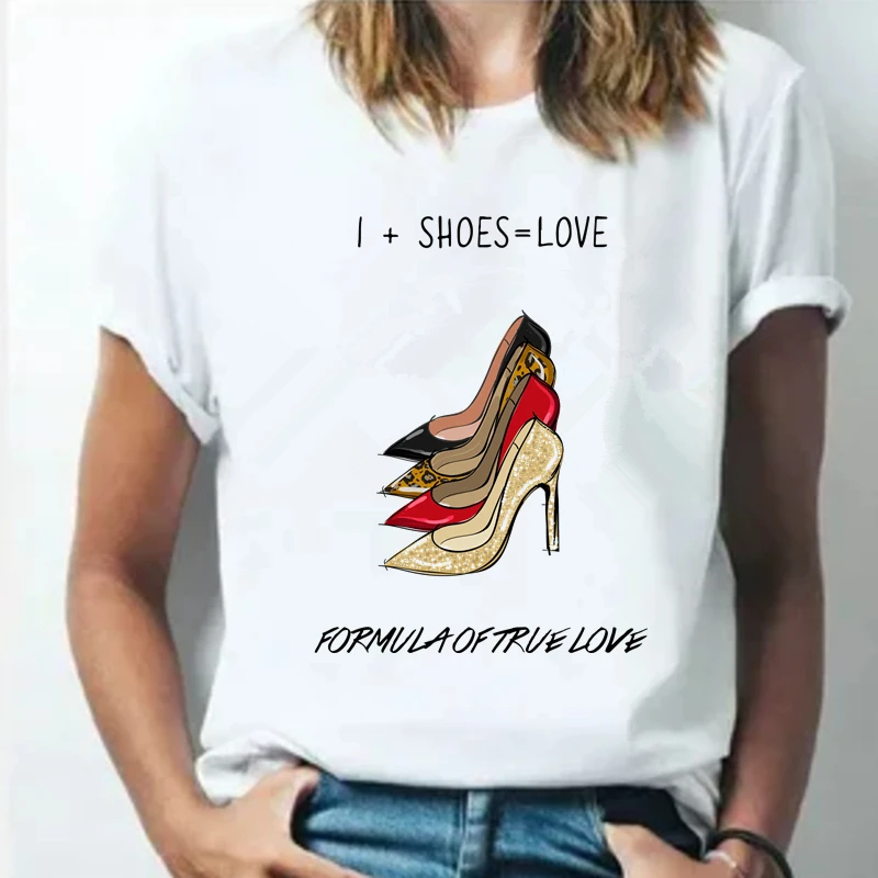 Women's Short Sleeve O-Neck T-Shirt, Shoes Graphics Print, Summer Casual Tops, Funny Fashion t shirt