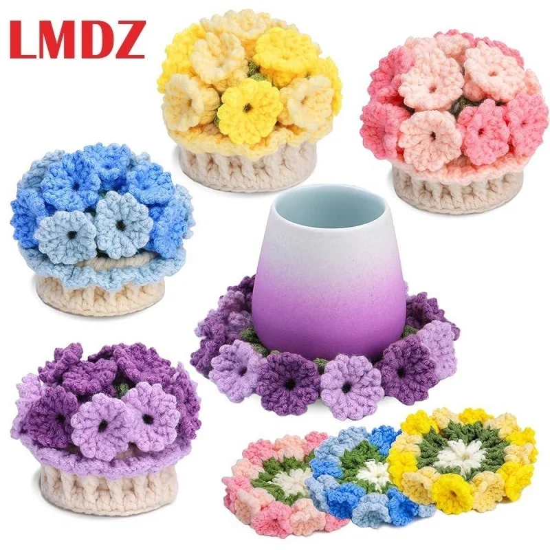 LMDZ Crochet Kit for Beginners Adults Flower Kits Coasters Knitting Kit with Crochet Hook for 4 Packs Floral Cup Coasters