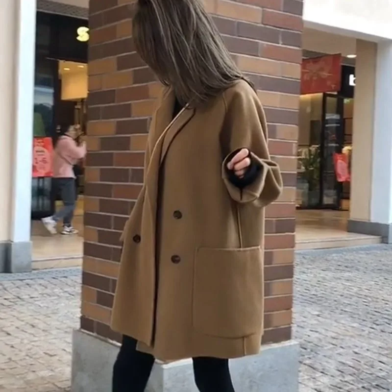 Autumn Winter Wool Trench Coat Women's Loose Casual Petite Overcoat