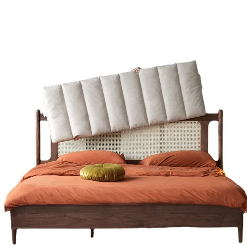 

Black walnut solid wood rattan bed retro soft bag single double bed small apartment 1.8 meters bed