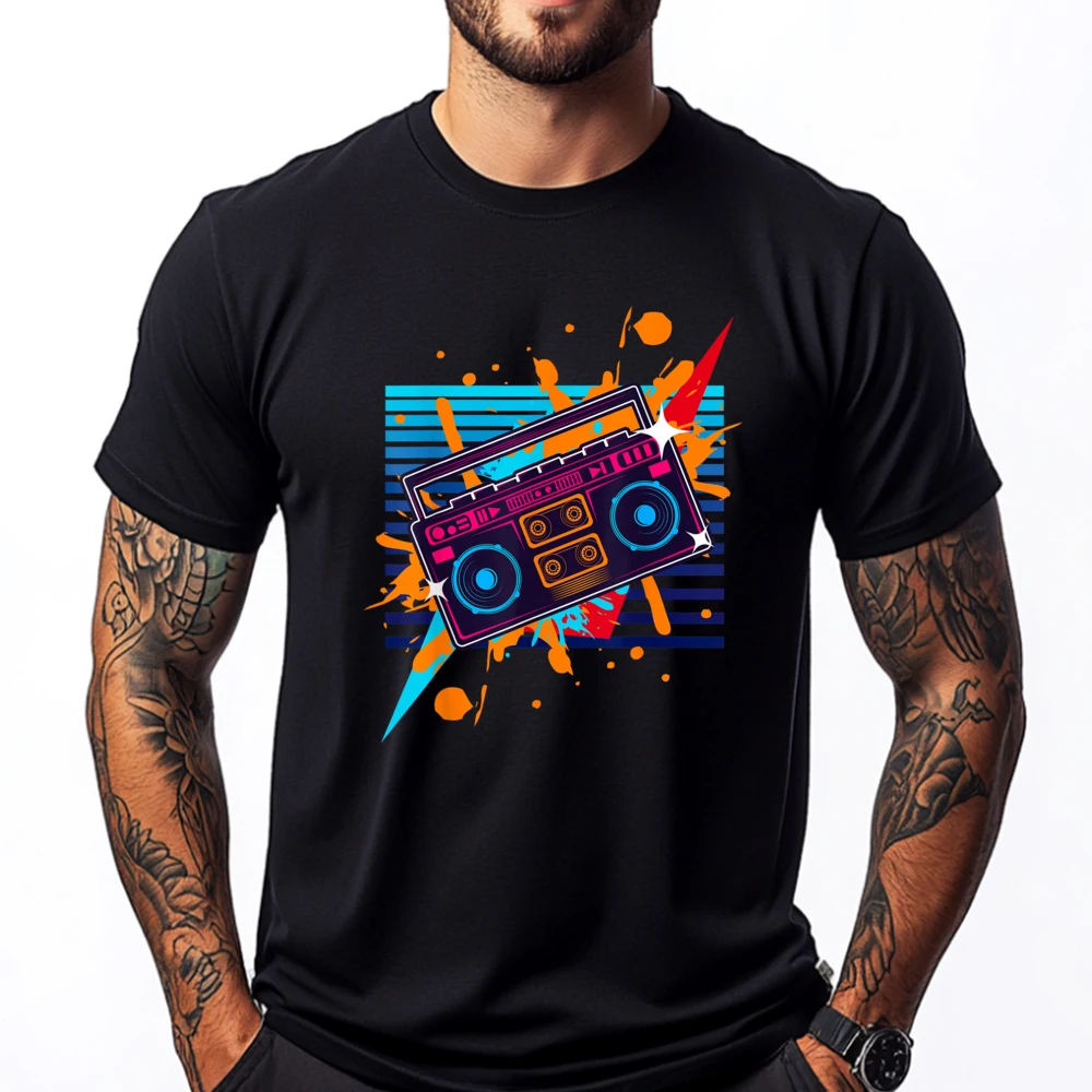 

Boombox Radio Old School Rap Cassette Mens Korean Fashion Spring Clothes Classic Printed T-shirt Normal