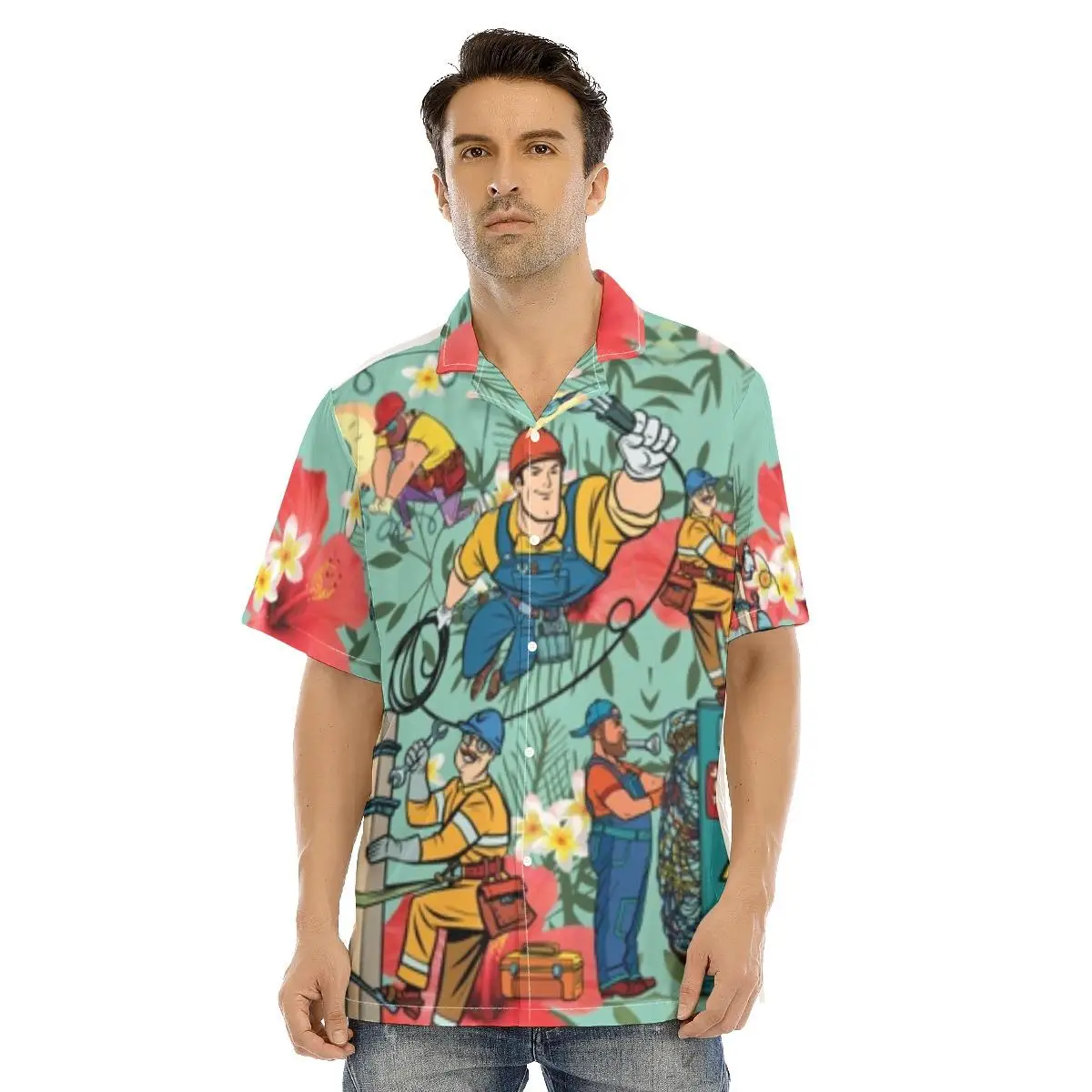 

New Hawaiian Shirt for Men Electric Worker Electrician Cartoon Tops Short Sleeve Vintage Plus Size Summer Shirts