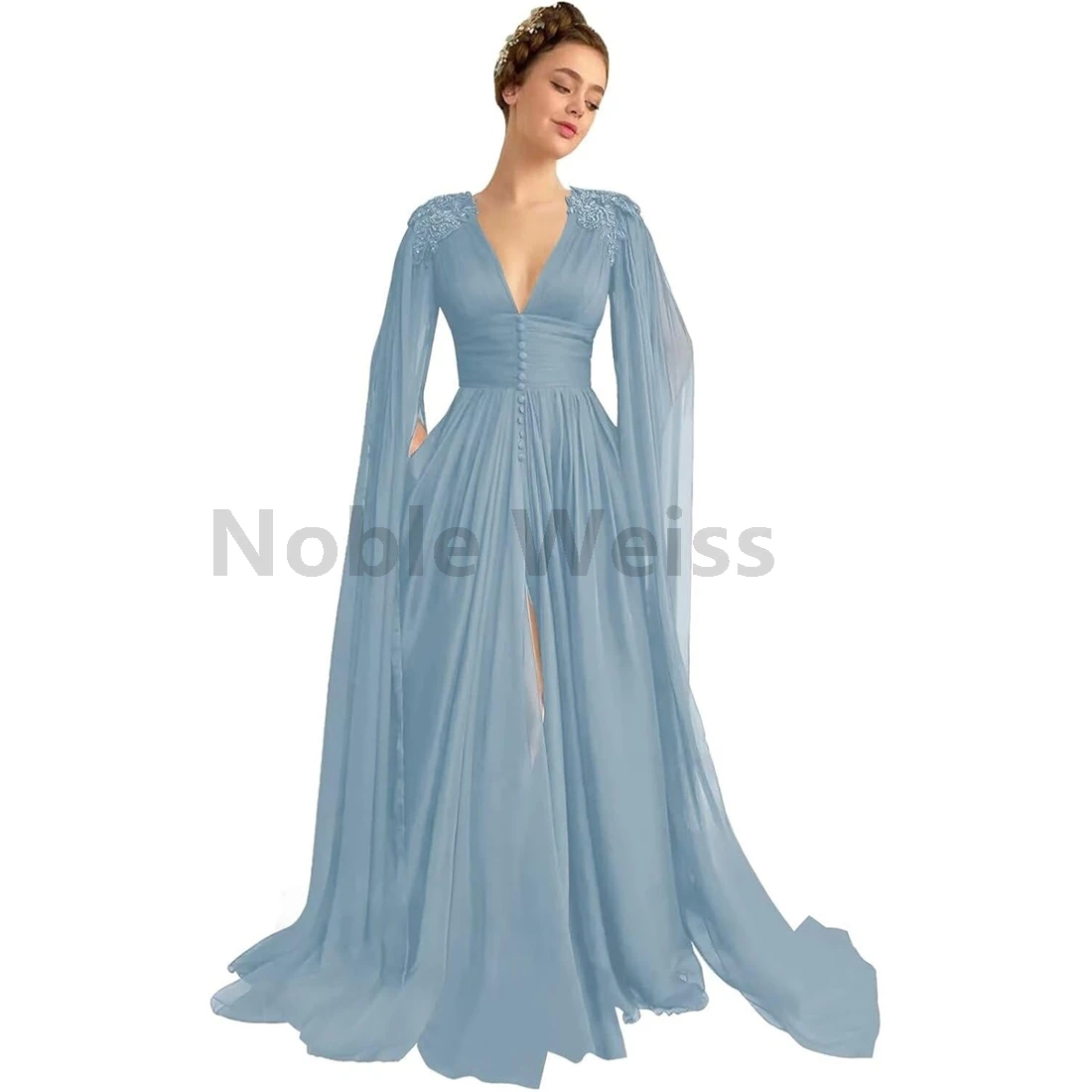 

A-Line Chiffon V-Neck Evening Dresses with Long Sleeve Ball Gowns Cape Lace Applique Slit Fomal Gowns Customize