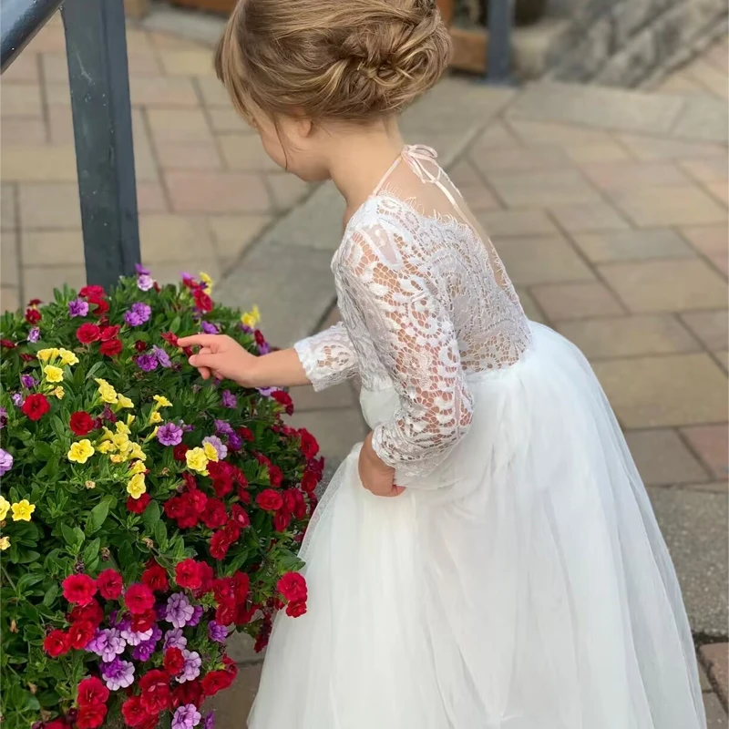 2-12 Year Old New Wedding Flower Girl White Lace Girl Evening Dress Flower Backless Long Sleeve Mesh Girl Princess Dress