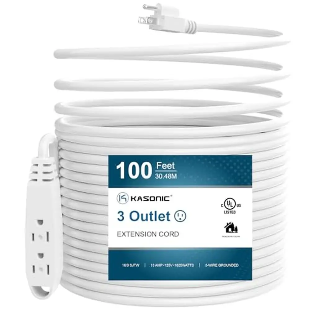 3-Outlet Extension Cord 100Ft UL Listed 16/3 SJTW Grounded 10A 125V 1625W Power Strip Indoor/Outdoor Multi-Plug Use