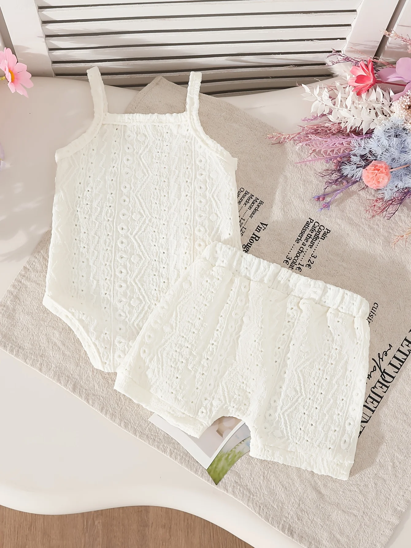 Baby Girl Sleeveless Suspender Onesie Shorts Set Cute Crochet Flower Eyelet Lace Summer Casual Infant Toddler Outfit 2PCS