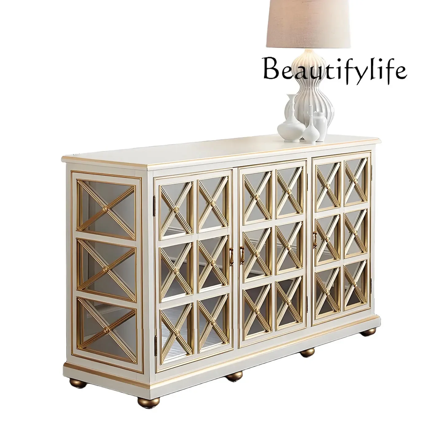 dY BJ American Solid Wood Porch Cabinet Modern Light Luxury Living Room Dining Side Cabinet Multi-functional Storage Glass Surfa