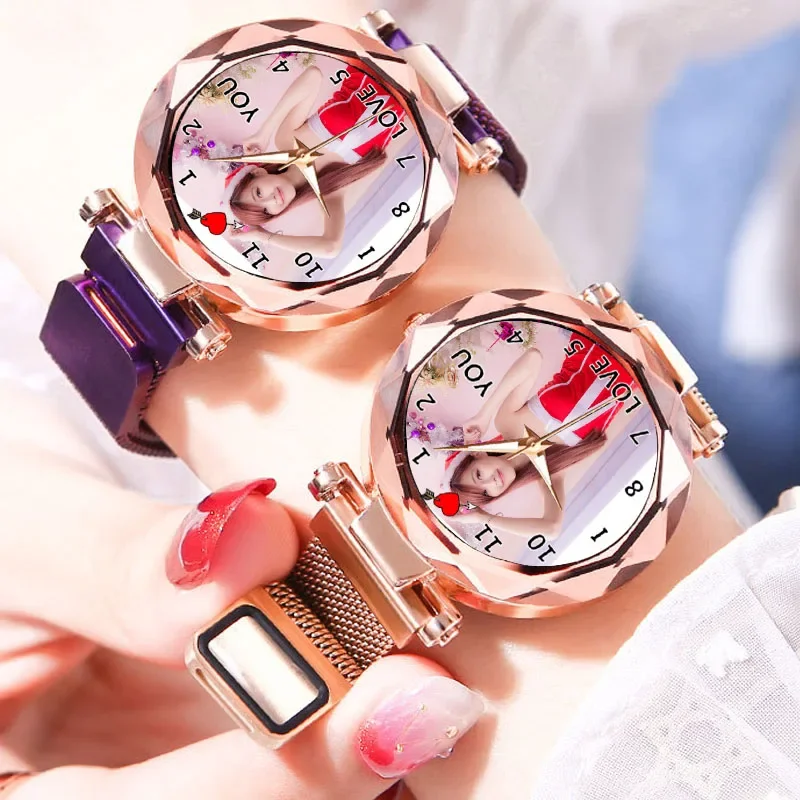 Reloj con foto personalizada para mujer, relojes creativos dorados con logotipo impreso, reloj de pulsera personalizado, regalo de personalidad para niña